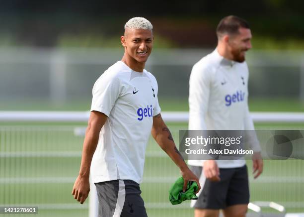 Richarlison of Tottenham Hotspur looks on during a Tottenham Hotspur Training session ahead of their UEFA Champions League group D match against...