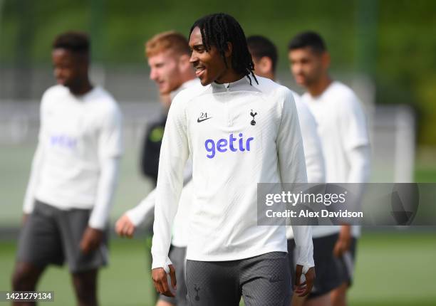 Djed Spence of Tottenham Hotspur looks on during a Tottenham Hotspur Training session ahead of their UEFA Champions League group D match against...