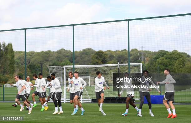 Tottenham Hotspur train during a Tottenham Hotspur Training session ahead of their UEFA Champions League group D match against Olympique Marseille at...