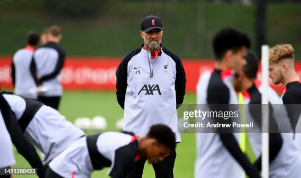 Jurgen Klopp manager of Liverpool during a training session ahead of their UEFA Champions League group A match against SSC Napoli at AXA Training...