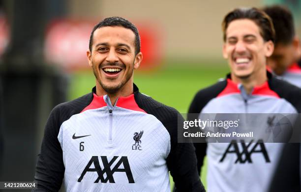 Thiago Alcantara of Liverpool during a training session ahead of their UEFA Champions League group A match against SSC Napoli at AXA Training Centre...