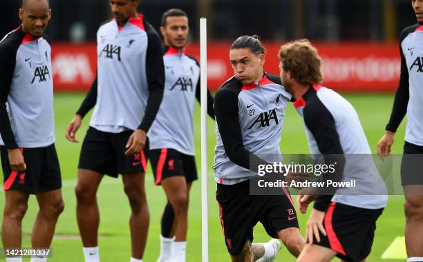 Darwin Nunez of Liverpool during a training session ahead of their UEFA Champions League group A match against SSC Napoli at AXA Training Centre on...