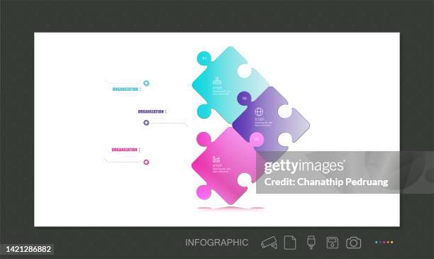 illustrations, cliparts, dessins animés et icônes de infographie sur les étiquettes de puzzle vectoriel, diagramme, icônes, graphique, tableau de présentation. concept d’infographie d’entreprise avec 3 options d’autocollants, pièces, étapes, processus. - pièce de puzzle