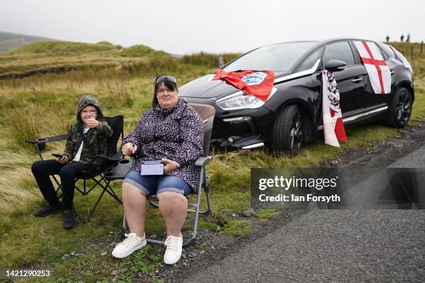 Fans wait as the peloton approaches the climb at Chapel Fell in Weardale during Stage 3 of the Tour of Britain on September 06, 2022 in Barnard...