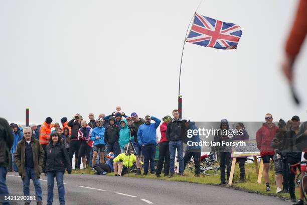 Fans wait as the peloton approaches the climb at Chapel Fell in Weardale during Stage 3 of the Tour of Britain on September 06, 2022 in Barnard...