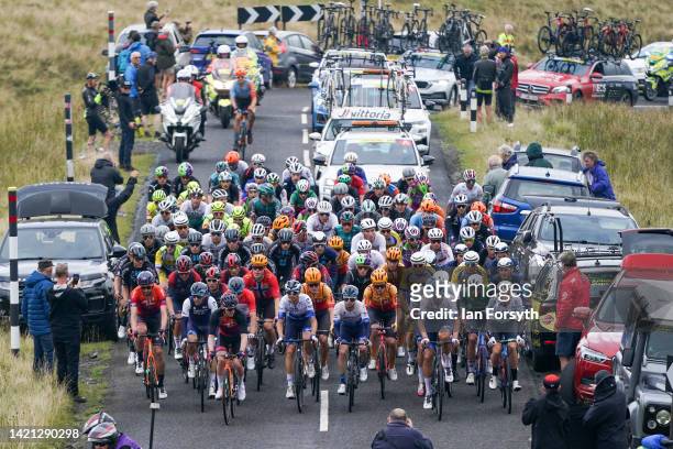 The peloton climbs up Chapel Fell in Weardale during Stage 3 of the Tour of Britain on September 06, 2022 in Barnard Castle, England. The Tour of...