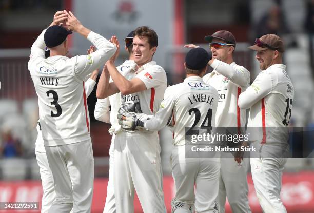 Will Williams of Lancashire celebrates after getting Adam Lyth of Yorkshire out during the LV= Insurance County Championship match between Lancashire...