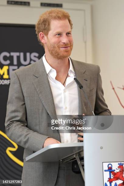 Prince Harry, Duke of Sussex makes a speech at town hall during the Invictus Games Dusseldorf 2023 - One Year To Go events, on September 06, 2022 in...