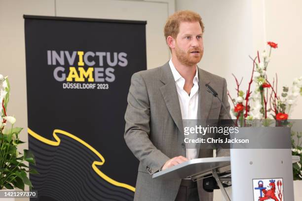 Prince Harry, Duke of Sussex makes a speech at town hall during the Invictus Games Dusseldorf 2023 - One Year To Go events, on September 06, 2022 in...