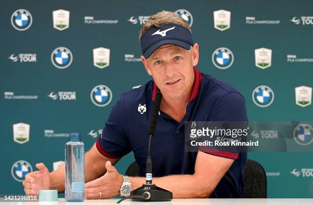 Luke Donald of England talks to the media during a press conference prior to the BMW PGA Championship at Wentworth Golf Club on September 06, 2022 in...