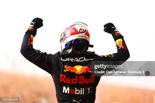 Race winner Max Verstappen of the Netherlands and Oracle Red Bull Racing celebrates in parc ferme after the F1 Grand Prix of The Netherlands at...