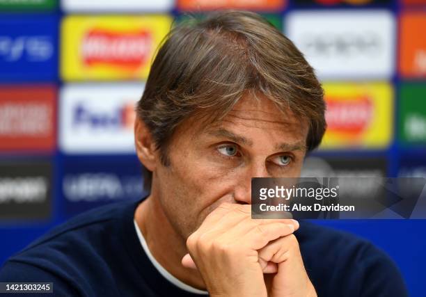 Tottenham Hotspur Manager, Antonio Conte speaks to the press ahead of their UEFA Champions League group D match against Olympique Marseille at...