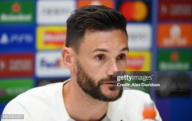 Hugo Lloris of Tottenham Hotspur speaks to the press ahead of their UEFA Champions League group D match against Olympique Marseille at Tottenham...