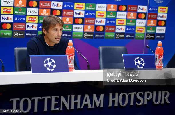 Tottenham Hotspur Manager, Antonio Conte speaks to the press ahead of their UEFA Champions League group D match against Olympique Marseille at...