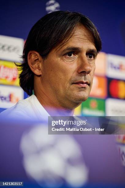 Head Coach Simone Inzaghi of FC Internazionale speaks with the media during the press conference ahead of their UEFA Champions League group C match...