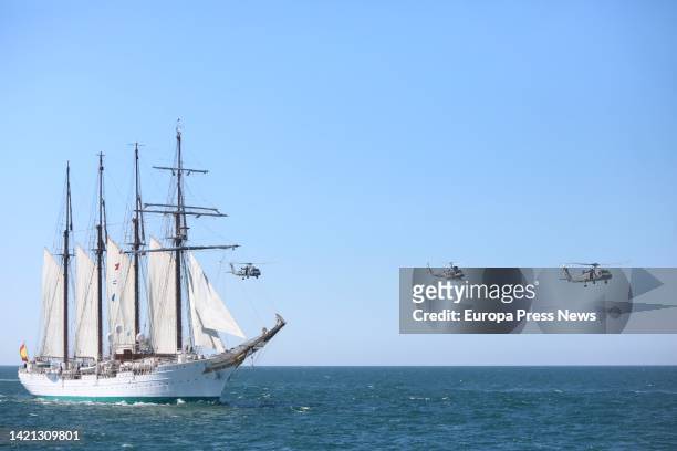 King Felipe VI embarks on the training ship 'Elcano' where he presides the naval parade for the V Centenary of the Circumnavigation on September 6,...