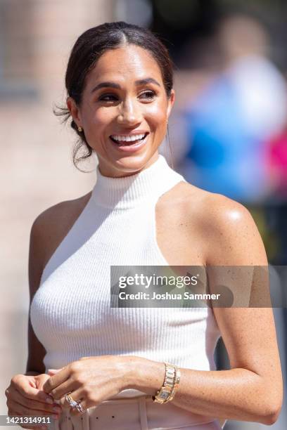 Meghan, Duchess of Sussex arrives at the town hall during the Invictus Games Dusseldorf 2023 - One Year To Go events, on September 06, 2022 in...