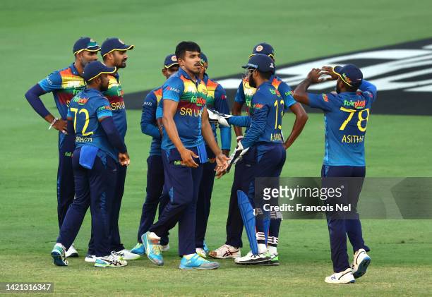 Players of Sri Lanka celebrates the wicket of KL Raul of India during the DP World Asia Cup match between India and Sri Lanka on September 06, 2022...