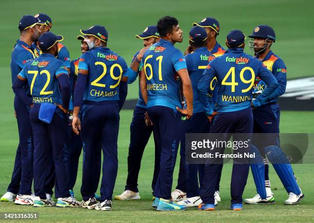 Players of Sri Lanka celebrates the wicket of KL Raul of India during the DP World Asia Cup match between India and Sri Lanka on September 06, 2022...