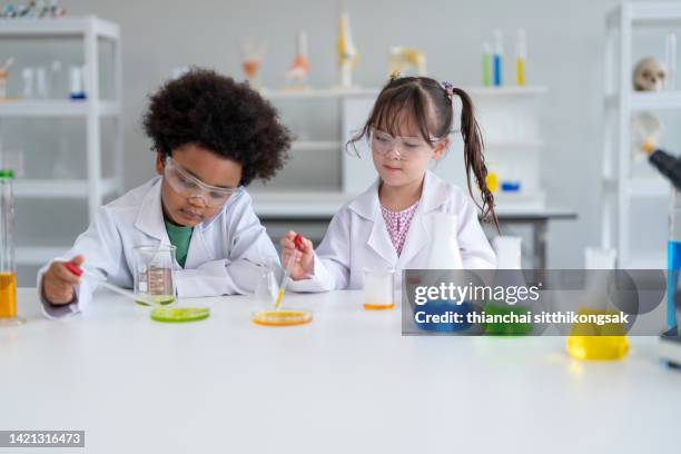 image of elementary science student using chemistry set together in elementary science classroom. - child scientist stock pictures, royalty-free photos & images