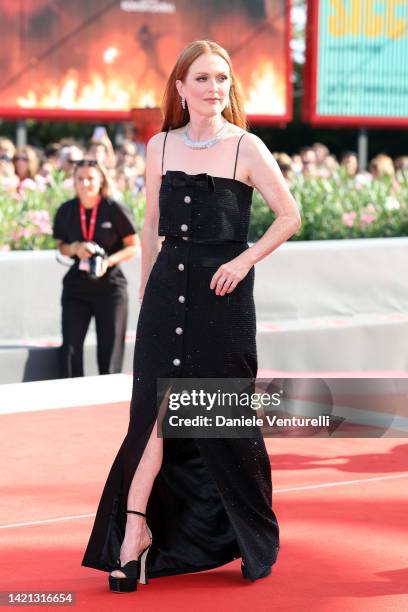 Jury President Julianne Moore attends "The Eternal Daughter" red carpet at the 79th Venice International Film Festival on September 06, 2022 in...