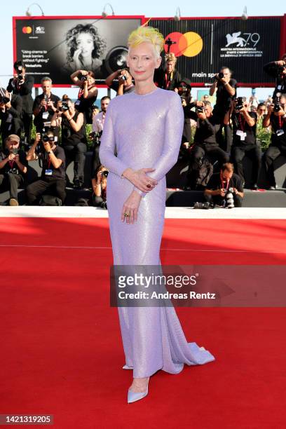 Tilda Swinton attends "The Eternal Daughter" red carpet at the 79th Venice International Film Festival on September 06, 2022 in Venice, Italy.