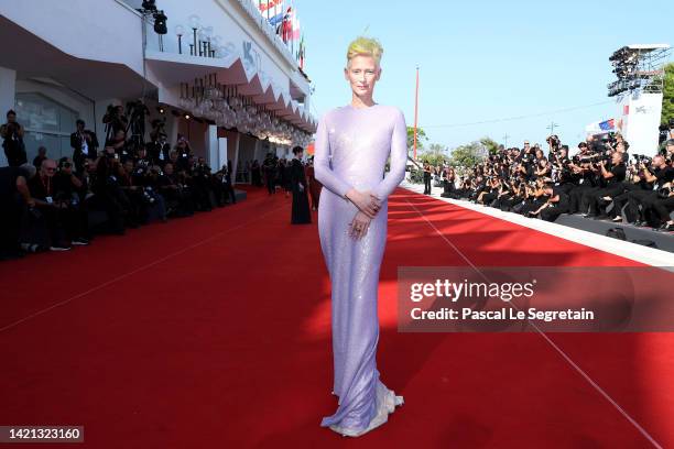 Tilda Swinton attends "The Eternal Daughter" red carpet at the 79th Venice International Film Festival on September 06, 2022 in Venice, Italy.