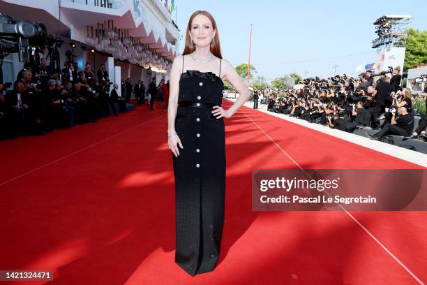 Jury President Julianne Moore attends "The Eternal Daughter" red carpet at the 79th Venice International Film Festival on September 06, 2022 in...