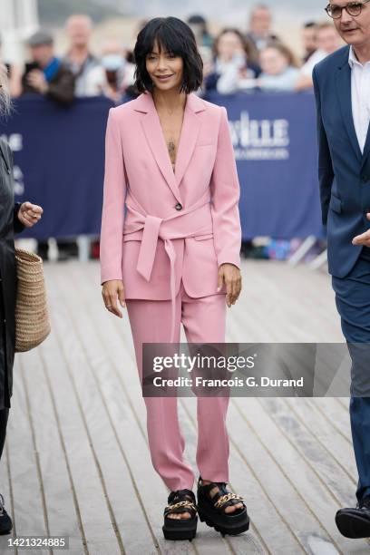 Thandiwe Newton poses during the unveiling of a dedicated beach locker room on the Promenade des Planches during the 48th Deauville American Film...