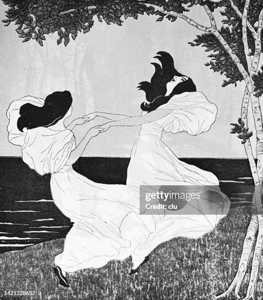 two young women dancing in a meadow - art nouveau stock illustrations