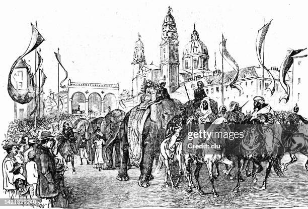 elephants at a celebration in munich at the feldherrnhalle - king ludwig ii of bavaria stock illustrations