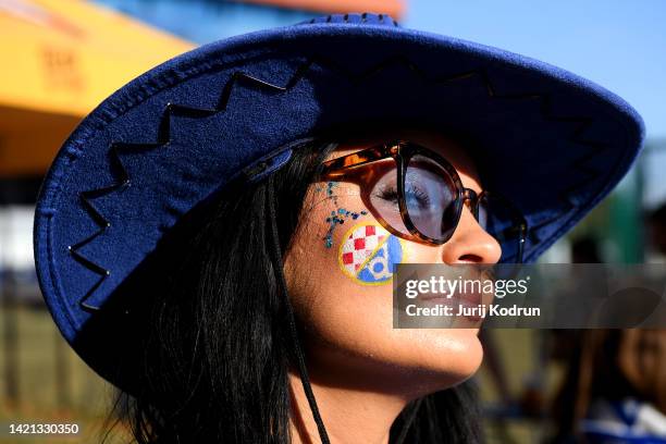 Detailed view of a face paint on a Dinamo Zagreb fan outside the stadium prior to the UEFA Champions League group E match between Dinamo Zagreb and...