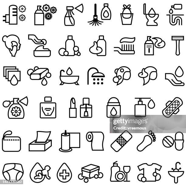 household toiletries, cleaning and hygiene outline icons - cologne icon stock illustrations