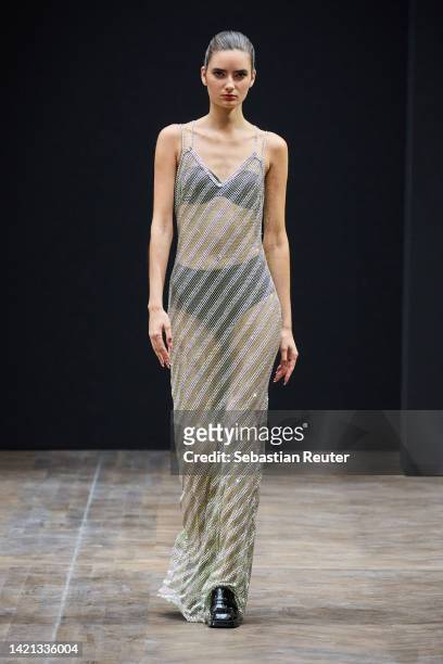 Model walks the runway at the Kilian Kerner show during the Mercedes-Benz Fashion Week Berlin Spring Summer 2023 at Telegraphenamt on September 06,...