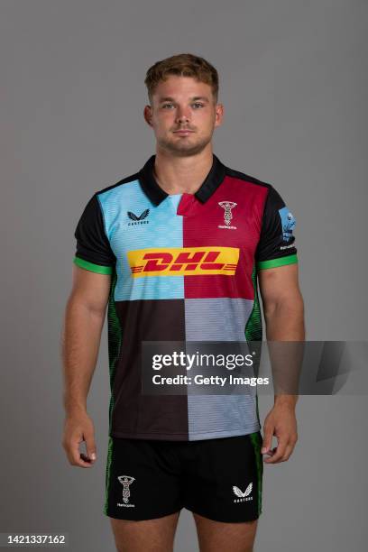 Will Evans of Harlequins poses for a portrait during the Harlequins squad photo call for the 2022-23 Gallagher Premiership Rugby season at Surrey...