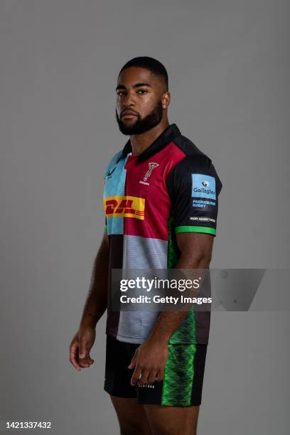 Lennox Anyanwu of Harlequins poses for a portrait during the Harlequins squad photo call for the 2022-23 Gallagher Premiership Rugby season at Surrey...