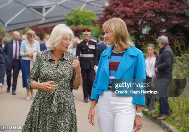 Camilla, Duchess of Cornwall with BBC presenter Fiona Bruce during her visit to the Antiques Roadshow at The Eden Project on September 06, 2022 in...