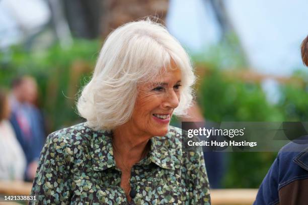 Camilla, Duchess of Cornwall during her visit to the Antiques Roadshow at The Eden Project on September 06, 2022 in Par, England.