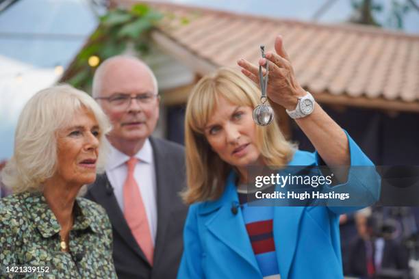 Camilla, Duchess of Cornwall with BBC presenter Fiona Bruce during her visit to the Antiques Roadshow at The Eden Project on September 06, 2022 in...