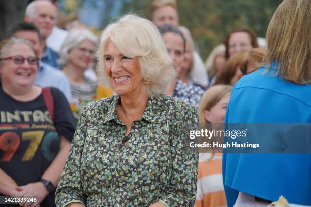 Camilla, Duchess of Cornwall with BBC presenter Fiona Bruce during her visit to the Antiques Roadshow at The Eden Project on September 06, 2022 in...