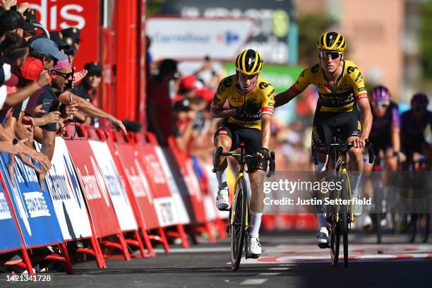 Primoz Roglic of Slovenia and Mike Teunissen of Netherlands and Team Jumbo - Visma cross the finish line during the 77th Tour of Spain 2022, Stage 16...