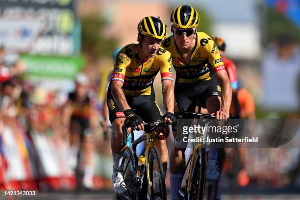 Primoz Roglic of Slovenia and Mike Teunissen of Netherlands and Team Jumbo - Visma cross the finish line during the 77th Tour of Spain 2022, Stage 16...