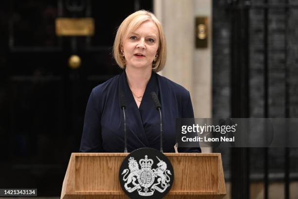 New UK prime minister Liz Truss gives her first speech at Downing Street on September 6, 2022 in London, England. The new prime minister assumes her...