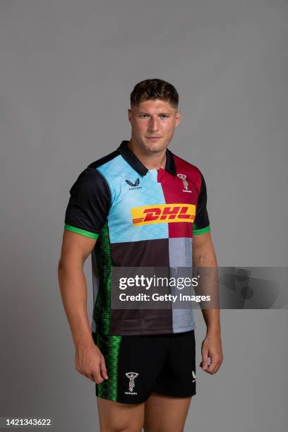 Dino Lamb of Harlequins poses for a portrait during the Harlequins squad photo call for the 2022-23 Gallagher Premiership Rugby season at Surrey...