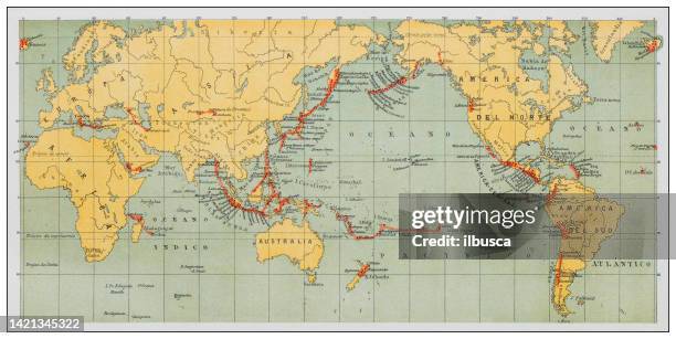 ilustrações de stock, clip art, desenhos animados e ícones de antique illustration, geology and fossils: world map of active volcanos - história antiga