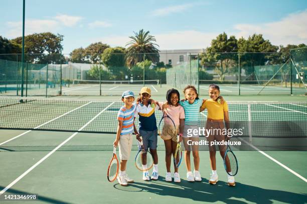 tennis kids school team playing match, competition and fun game on sunny sports club outdoor court. portrait young friends, happy children and diversity youth with active, healthy and fit lifestyle - tennis boy stock pictures, royalty-free photos & images