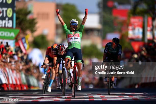 Mads Pedersen of Denmark and Team Trek - Segafredo - Green Points Jersey celebrates at finish line as stage winner ahead of Pascal Ackermann of...