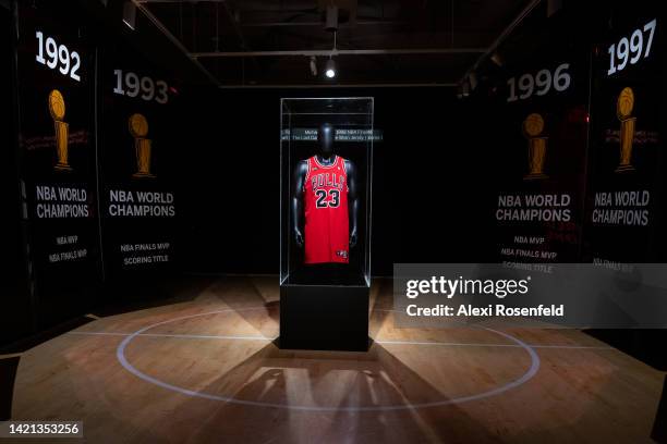 Michael Jordan’s game-worn 1998 NBA Finals ‘The Last Dance’ jersey from game 1 is on display during a press preview at Sotheby's on September 06,...