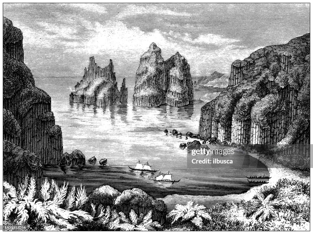 Antique illustration, geology: Moturoa, New Zealand