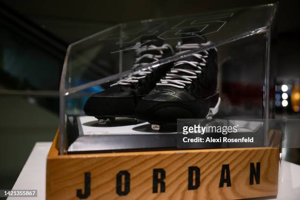 Michael Jordan Signed Air Jordan 9 ‘Player Sample' Baseball Cleats | Size 13.5 is on display during a press preview at Sotheby's on September 06,...